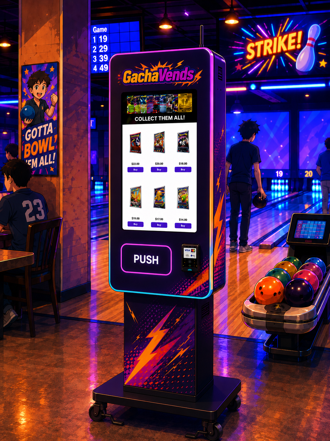 GachaVends branded card vending machine installed in a bowling alley