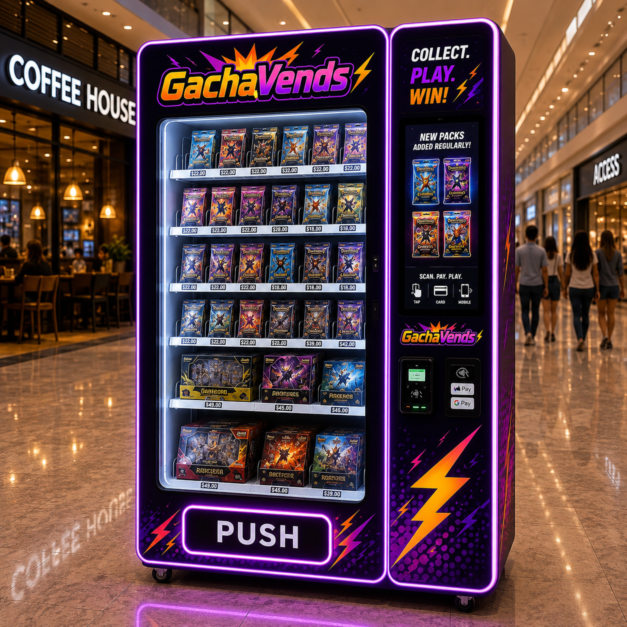 GachaVends full-size branded card vending kiosk installed in a shopping mall