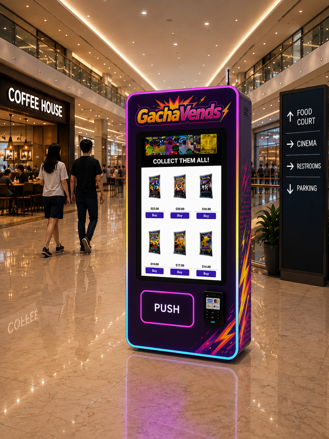 GachaVends branded machine placed in a shopping mall