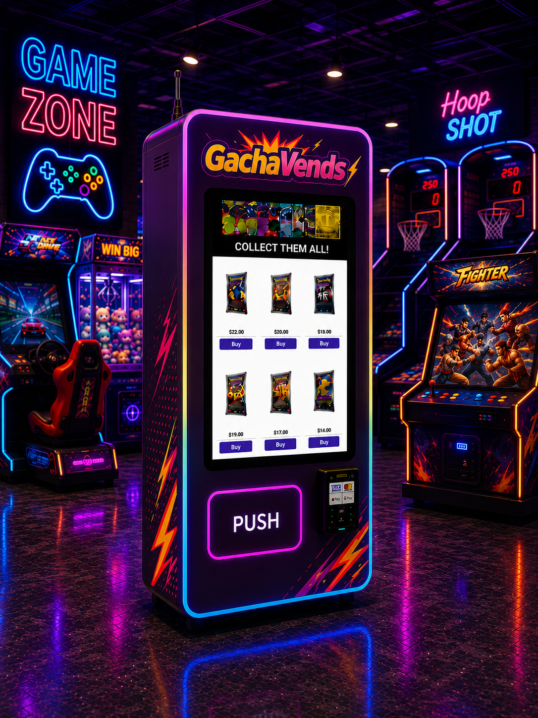 GachaVends branded card vending machine installed in an arcade game zone